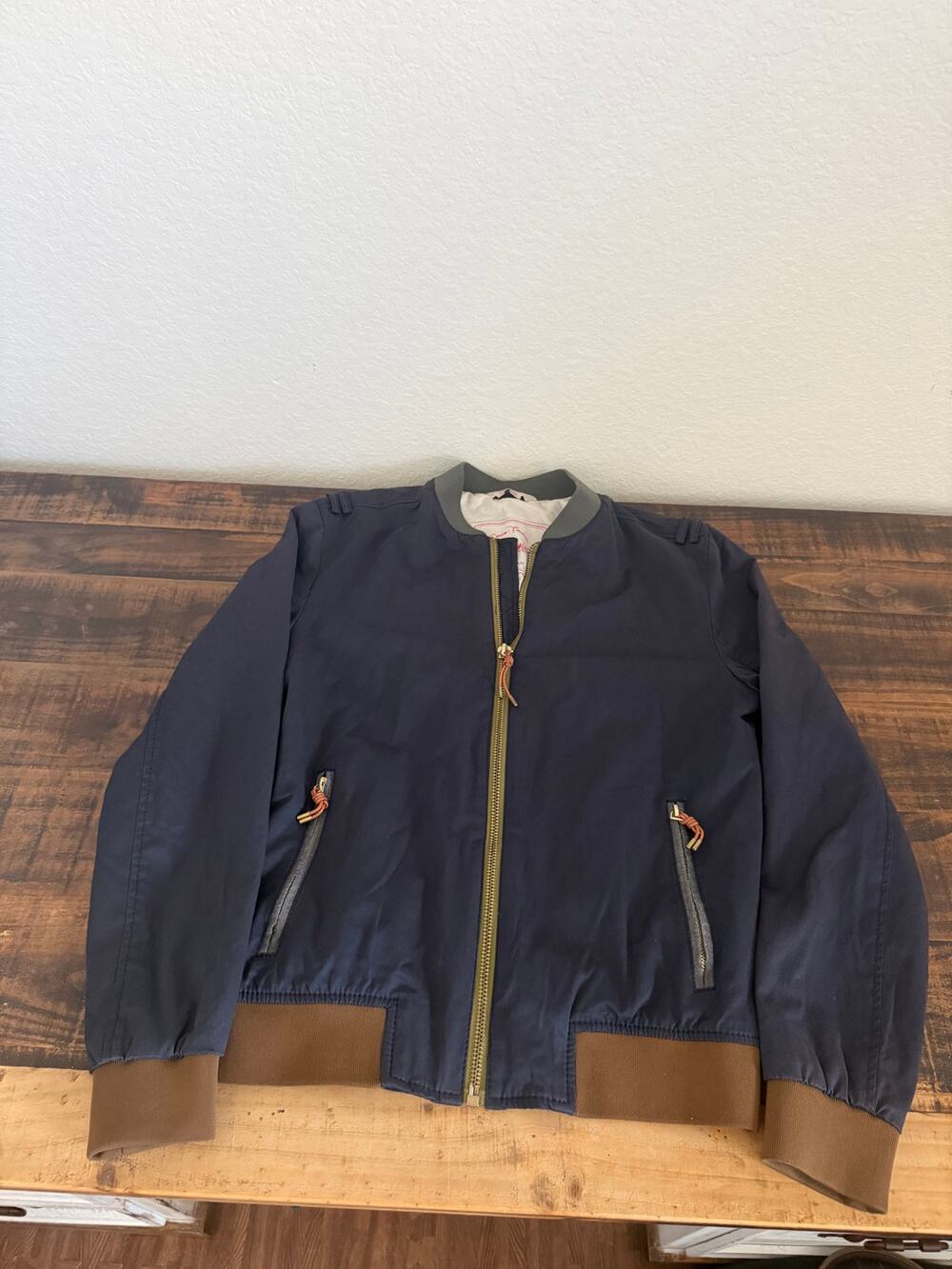 Zara Man Men’s Large Navy Bomber Jacket Denim Couture Brown Trim